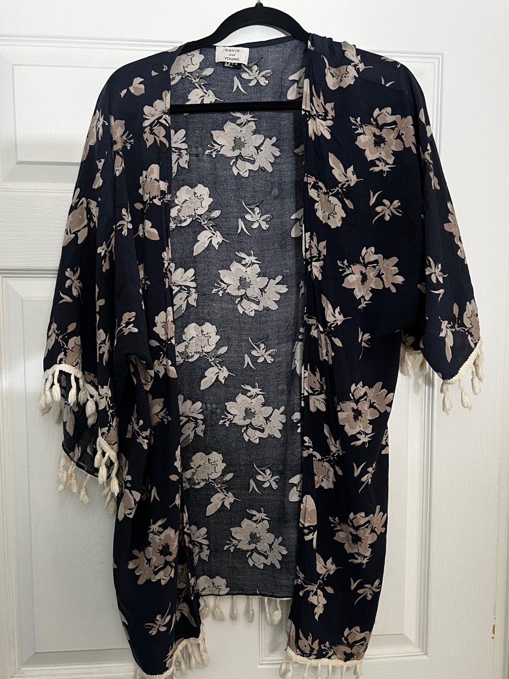 David and Young Navy Floral Open-Front Kimono with Cream Tassels